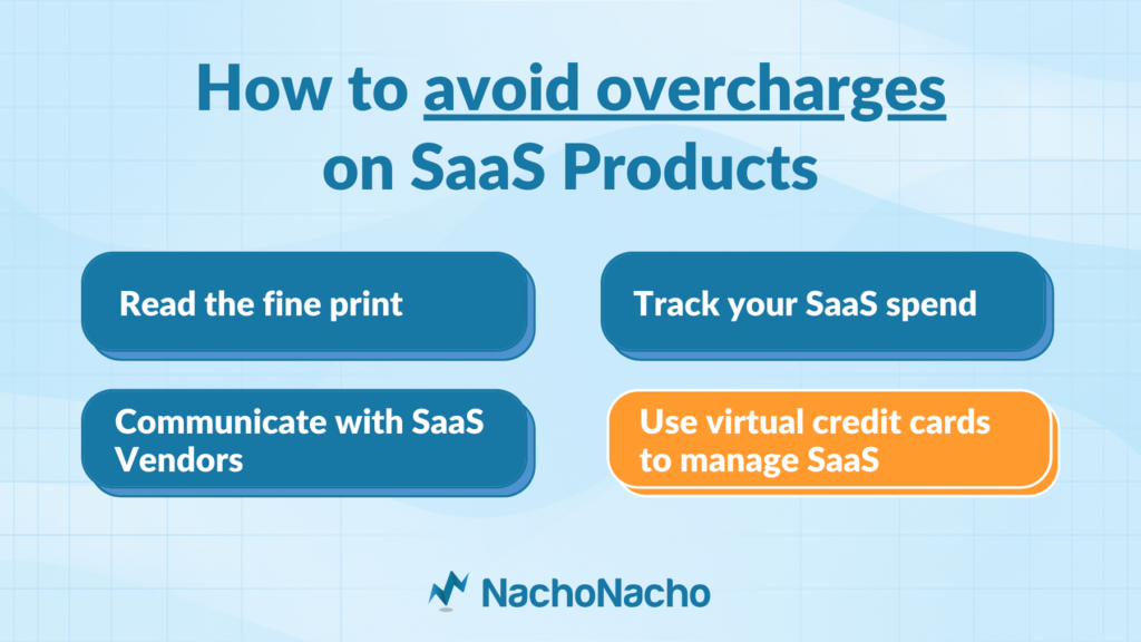 Steps to avoid overcharges on SaaS products. Step 1, read the fine print. Step 2, track your SaaS spend. Step 3, communicate with SaaS vendors. Step 4, use virtual credit cards to manage SaaS.