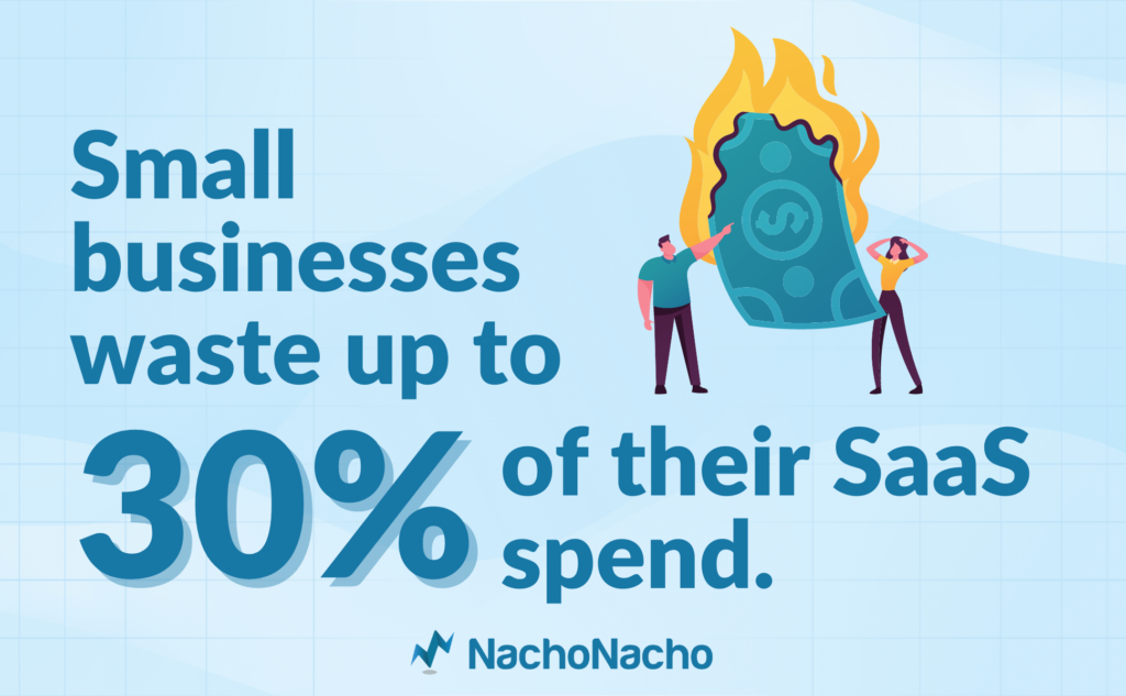 Picture of people pointing at burning money and text that reads: small businesses waste up to 30% of their SaaS spend.