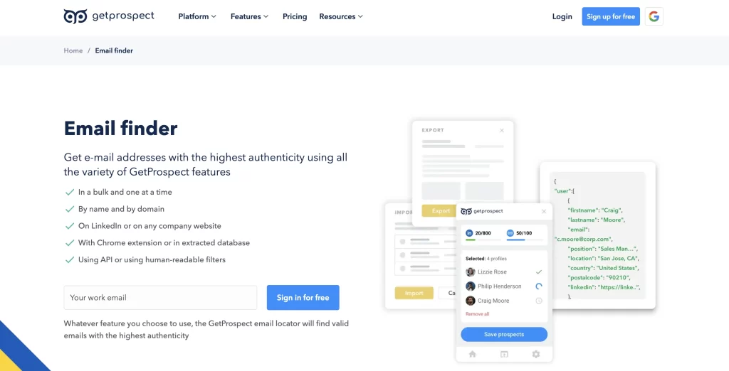 GetProspect email finder website screenshot