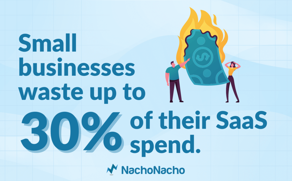 Picture of people pointing at burning money and text that reads: small businesses waste up to 30% of their SaaS spend.