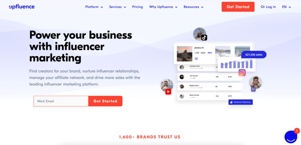 Upfluence homepage screenshot