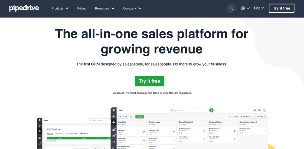 Pipedrive CRM homepage