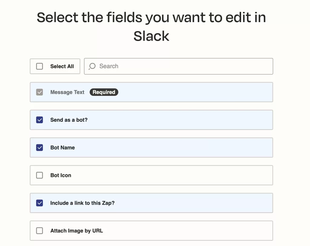 Select fields to edit in Slack