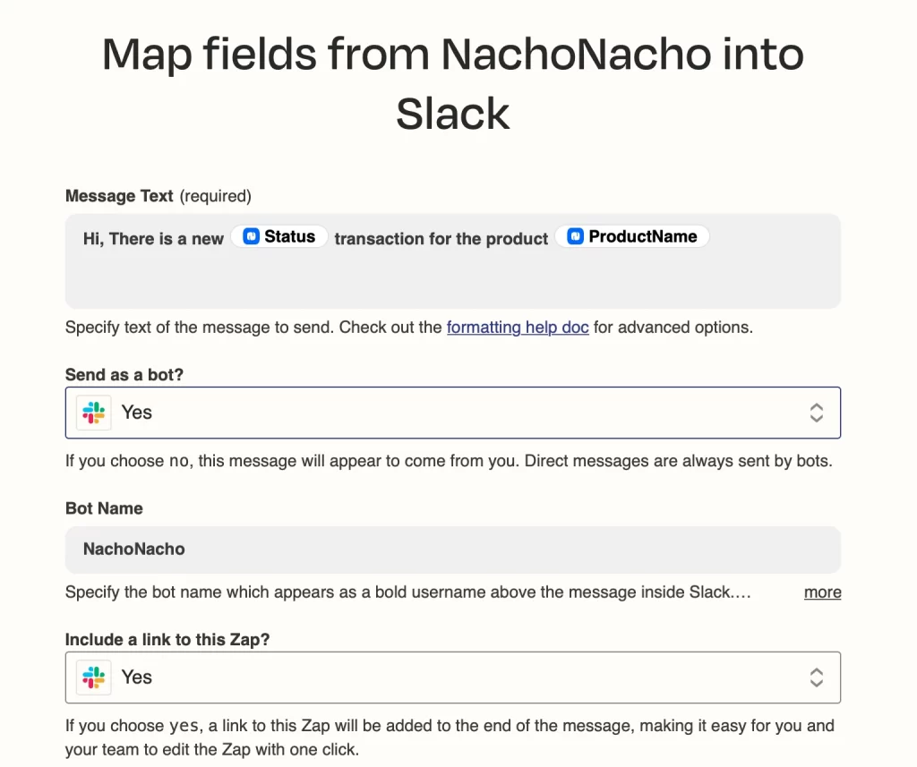 Map fields from NachoNacho into Slack