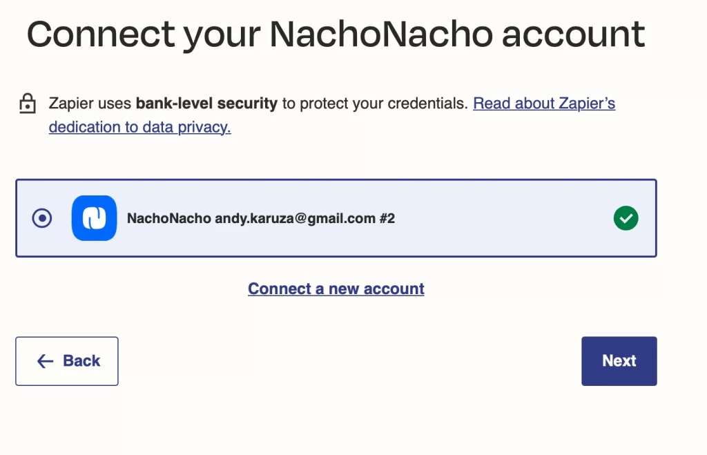 Your NachoNacho account is now connected to Zapier
