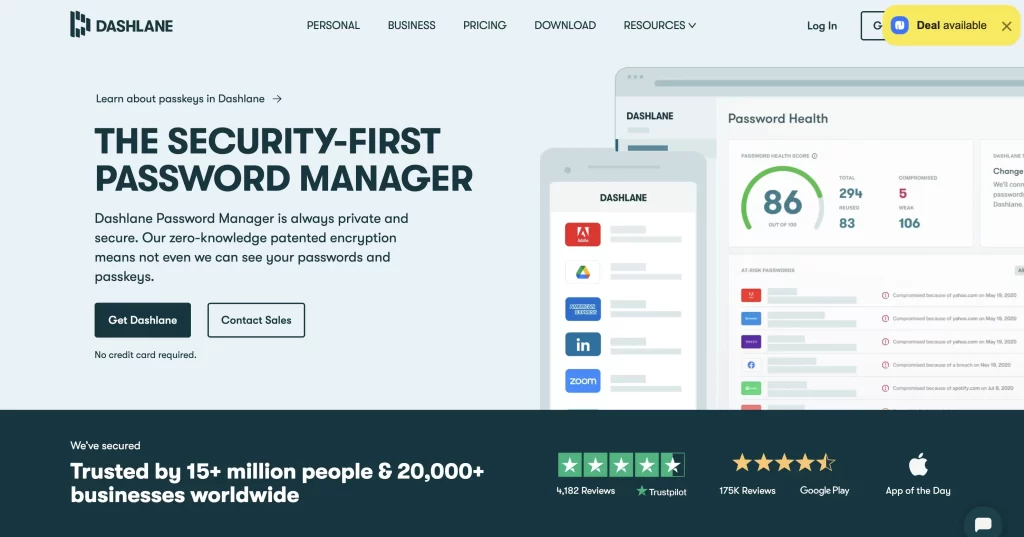 Dashlane.com homepage screenshot