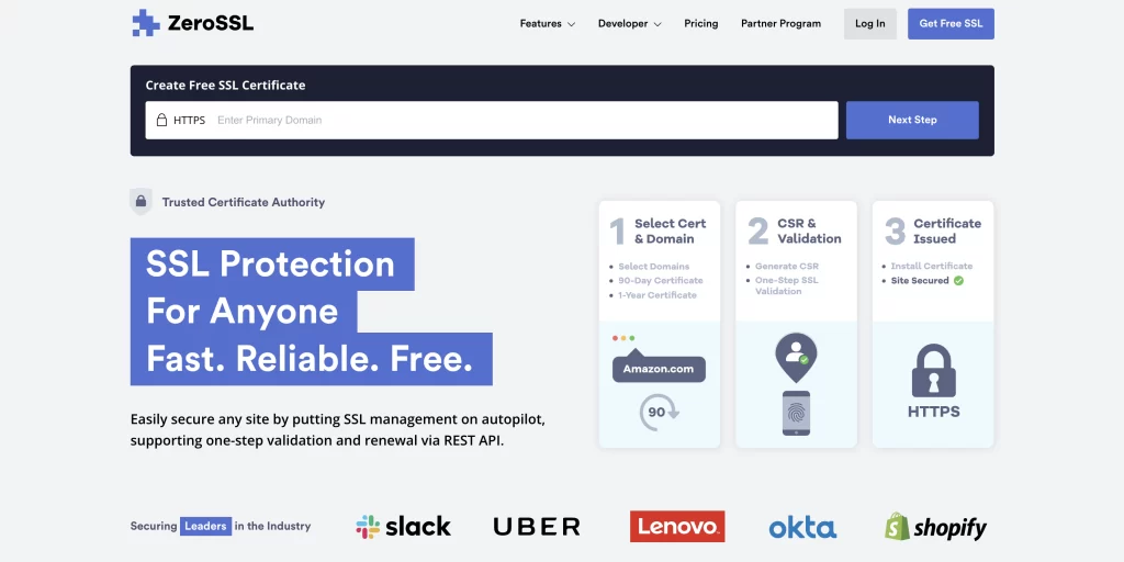 ZeroSSL.com homepage screenshot